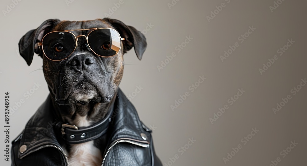 Stylish boxer dog wearing sunglasses and leather jacket, cool canine portrait Stylish boxer dog wearing sunglasses and leather jacket, cool canine portrait
