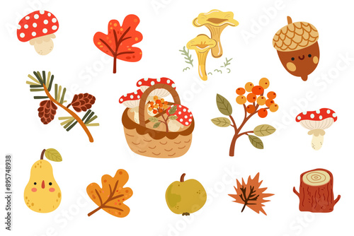 Autumn set of vector hand-drawn icons. Season elements perfect for scrapbook, cards, posters, invitations, stickers set. Set of autumn forest plants, leaf, products and hobbies