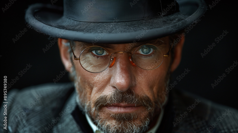 A portrait an Englishman in the Victorian era, wearing glasses and a hat, looking directly into the camera with a serious expression on his face against a black background A portrait an Englishman in the Victorian era, wearing glasses and a hat, looking directly into the camera with a serious expression on his face against a black background