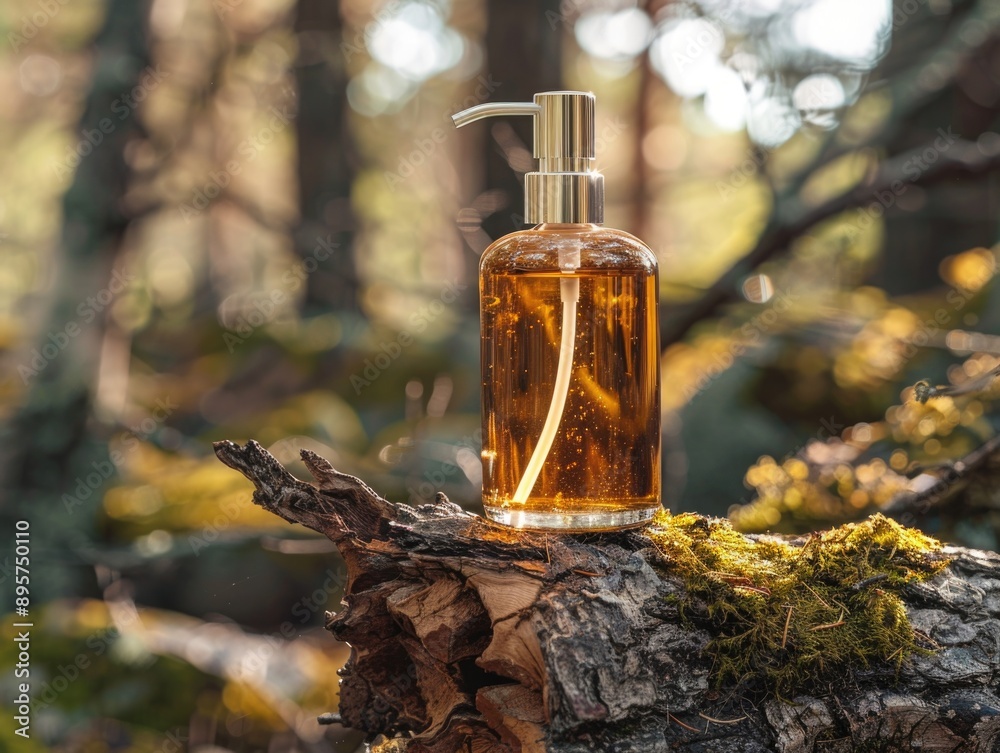 A bottle of liquid sits on top of a tree stump, possibly abandoned or forgotten A bottle of liquid sits on top of a tree stump, possibly abandoned or forgotten