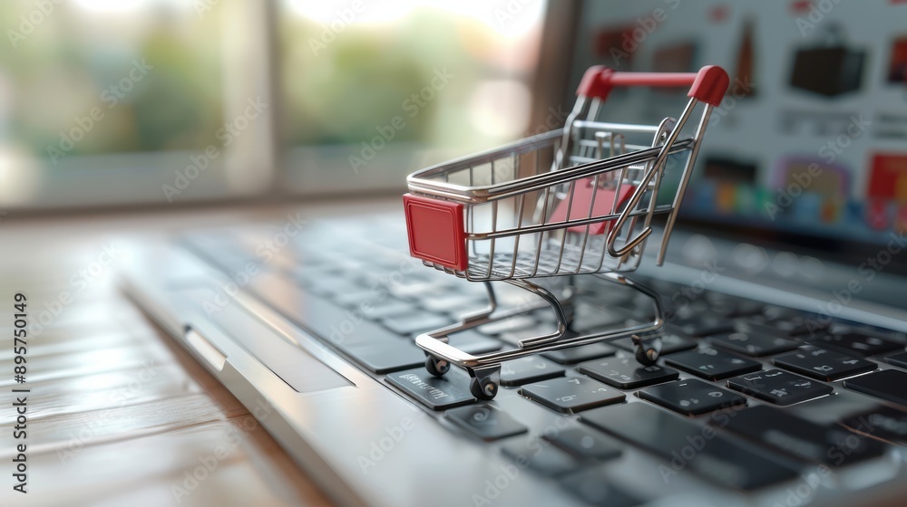 Online shopping concept with laptop and mini cart on blurry bright background Online shopping concept with laptop and mini cart on blurry bright background