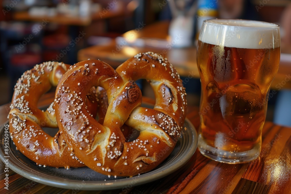Fresh pretzels and craft beer in rustic pub setting Fresh pretzels and craft beer in rustic pub setting
