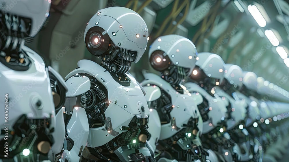Futuristic background with glowing bulbs and various elements like robots, cyborgs, helmets, and technology Futuristic background with glowing bulbs and various elements like robots, cyborgs, helmets, and technology