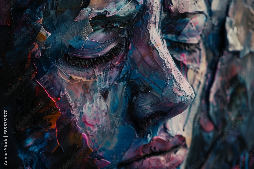 An expressive abstract painting that captures a face with closed eyes using textured brushstrokes and a mixture of colors, conveying deep emotion and contemplation. An expressive abstract painting that captures a face with closed eyes using textured brushstrokes and a mixture of colors, conveying deep emotion and contemplation.