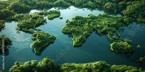 Sustainable Development: Rainforest Lakes Shaped as Global Continents in a Green Environment
