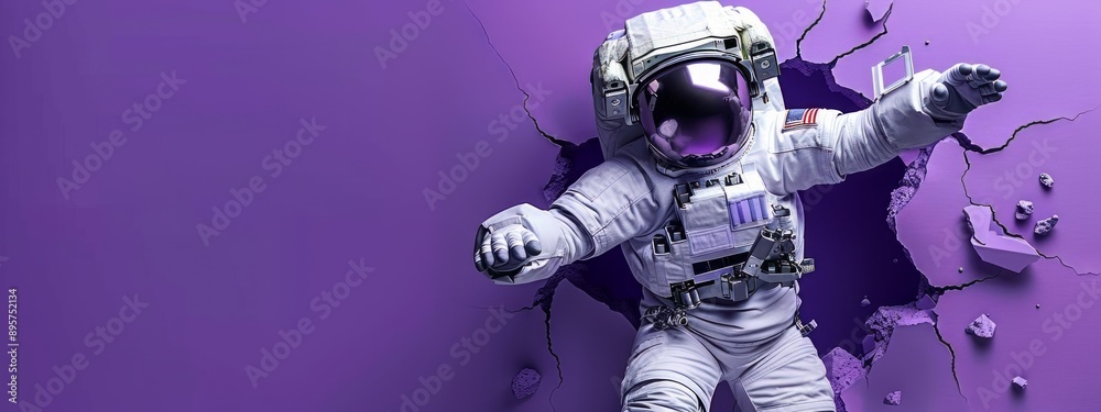 Fototapeta premium An Astronaut Breaking Through a Purple Background. Creative Banner Design with Blank Copyspace for Custom Advertising and Messaging
