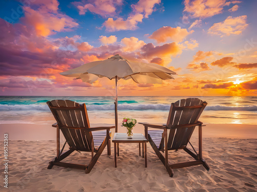 Amazing beach. Love chairs sandy beach sea. Luxury summer holiday and vacation resort hotel for tourism. Inspire honeymoon chairs umbrella. Tranquil scenery, relax beach, beautiful landscape design