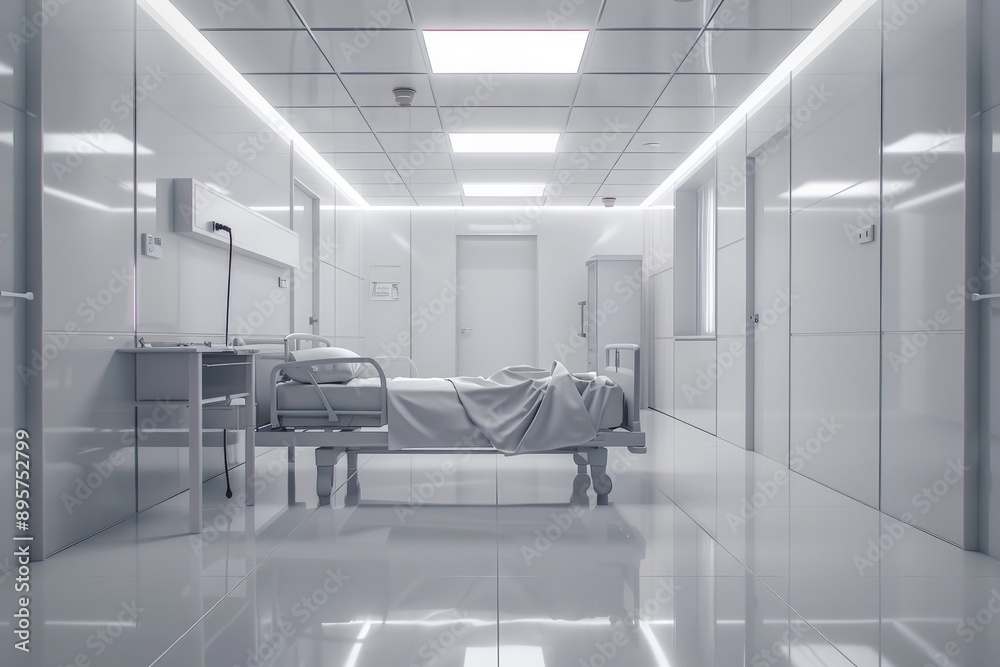 A sleek and modern hospital room showcasing advanced medical equipment, bright lighting, and a single patient bed, all designed for providing high-quality patient care. A sleek and modern hospital room showcasing advanced medical equipment, bright lighting, and a single patient bed, all designed for providing high-quality patient care.