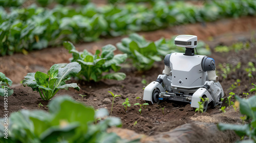 Robotic weeder in a vegetable garden, agriculture tech, precision weed control