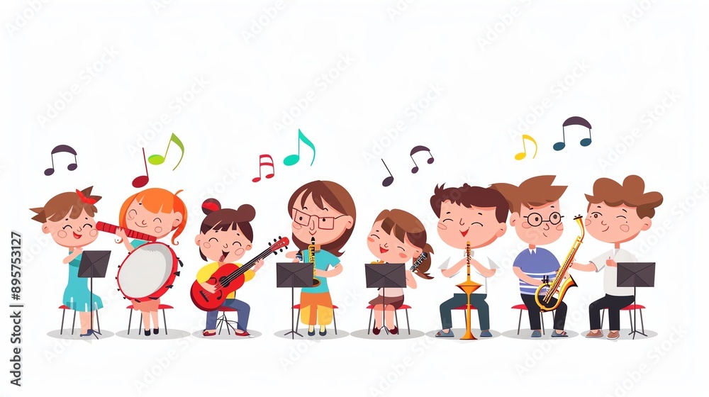 Animated illustration of children playing musical instruments in a lively band. Perfect for music education and kids' activities themes. Animated illustration of children playing musical instruments in a lively band. Perfect for music education and kids' activities themes.