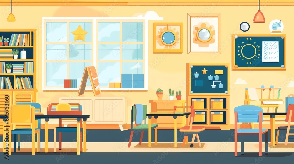 Fototapeta premium Bright and colorful classroom with desks, chairs, and educational decorations, perfect for learning and teaching.