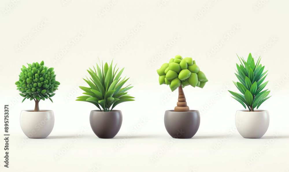 Obraz premium Plant shoot, potted houseplant, tree, grass, 3d cartoon icon set white background