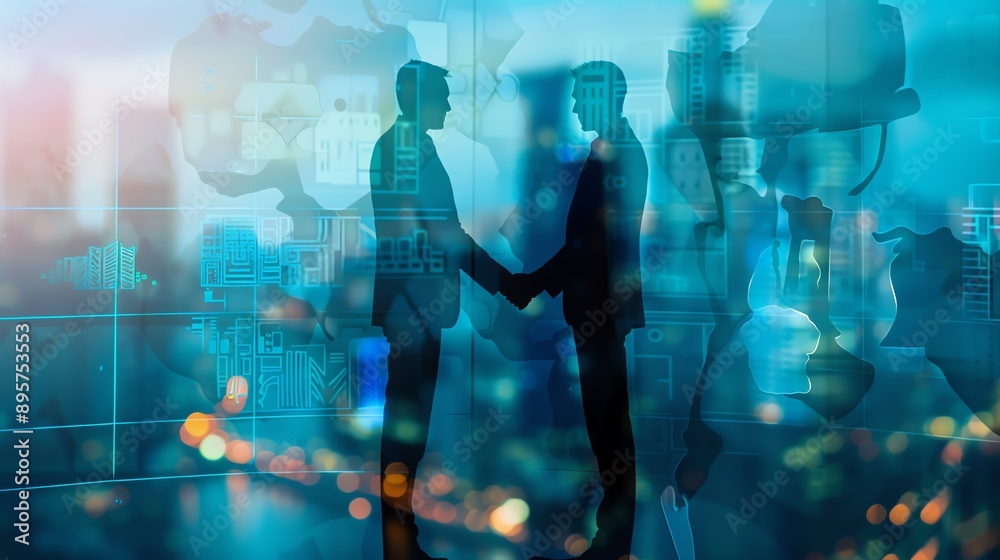 Fototapeta premium Businessmen shaking hands amidst a virtual background, symbolizing a successful business deal in the digital age.