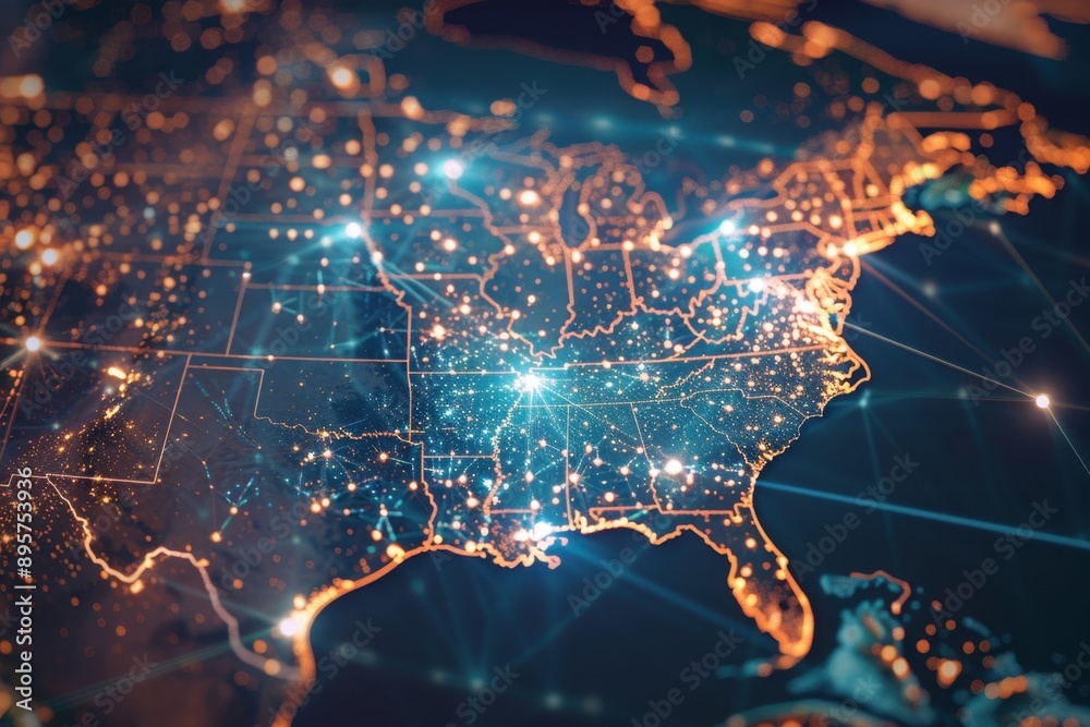 Fototapeta premium Map of United States highlighting internet connectivity, symbolizing the vast interconnectivity that powers digital America.