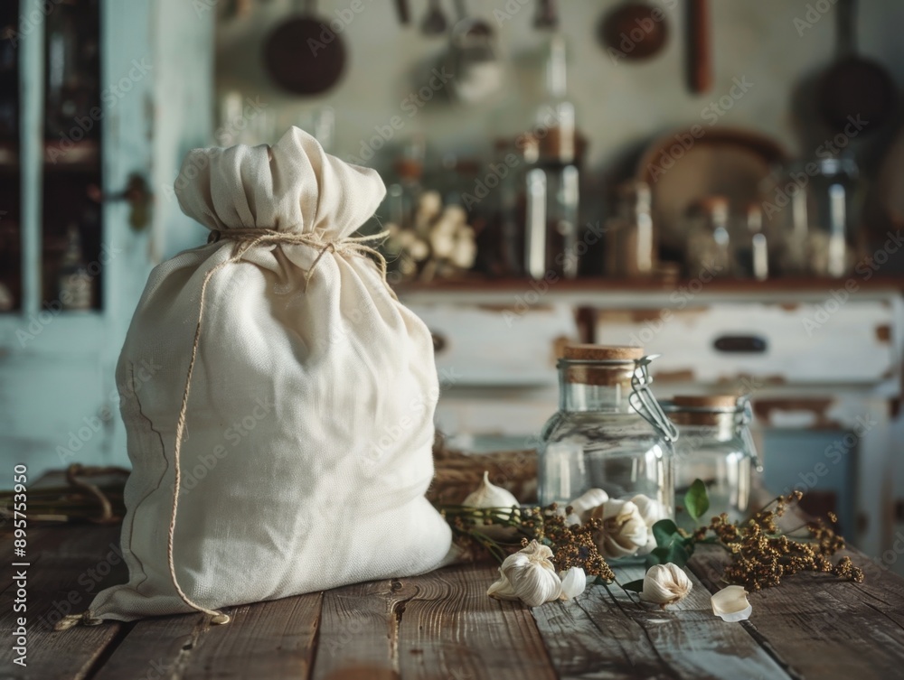 An old-fashioned spice sack tied with string and a cloth, sitting on a rustic kitchen table. The background hints at homemade cooking. An old-fashioned spice sack tied with string and a cloth, sitting on a rustic kitchen table. The background hints at homemade cooking.
