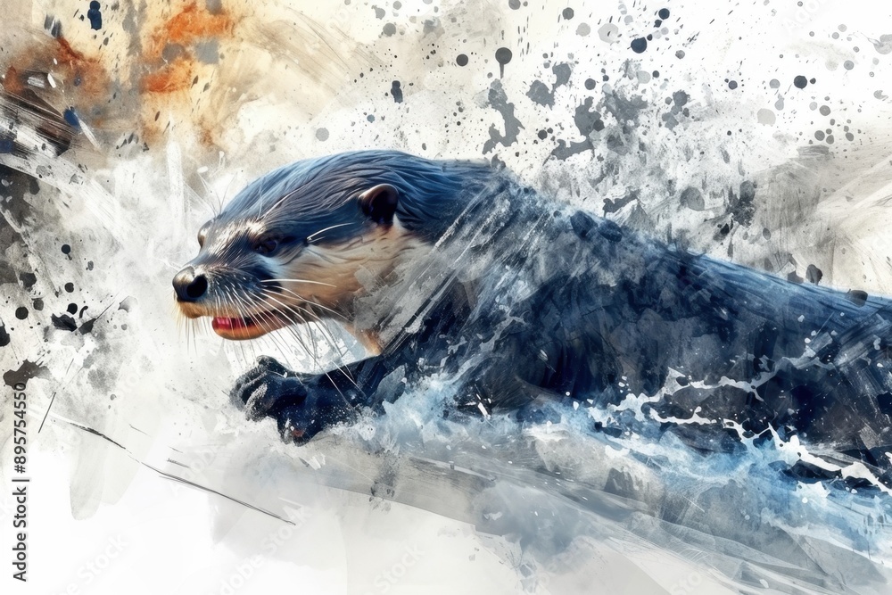 Obraz premium A dynamic otter in motion, splashing through water with its tail raised high.