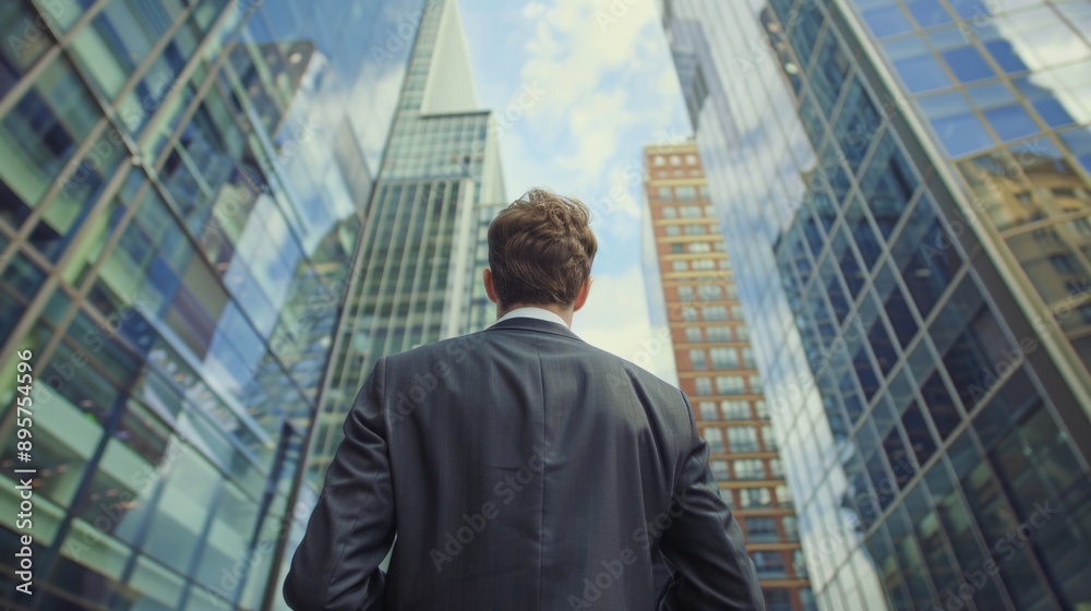 A professional man walking through a modern urban business district, dressed in a suit and tie. A professional man walking through a modern urban business district, dressed in a suit and tie.