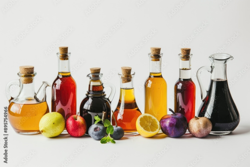 Various bottles of cooking oils, including vinegar, and fresh fruits used in food preparation.