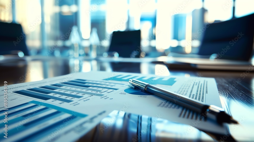 Close up of financial reports and a pen on a meeting table in a modern office with a city view in the background. Close up of financial reports and a pen on a meeting table in a modern office with a city view in the background.