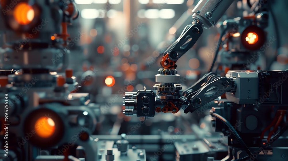 Fototapeta premium Close-up of robotic arms working on industrial machinery in a high-tech factory setting with glowing lights and detailed components.