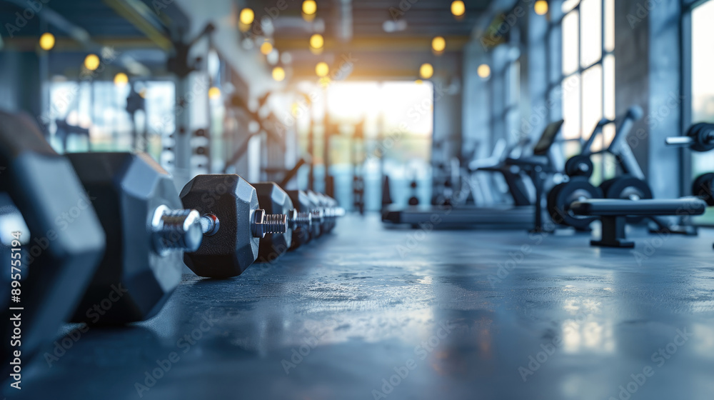 Dumbbells and gym equipment in a fitness club or sports center with a blurred background of a modern sports warehouse