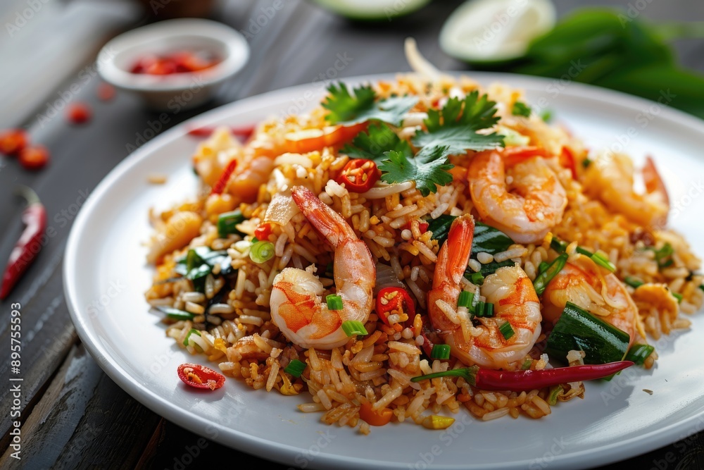 Delicious shrimp and rice dish served with fresh herbs on a white plate. Delicious shrimp and rice dish served with fresh herbs on a white plate.