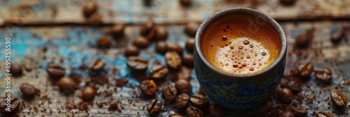 Aromatic Espresso with Coffee Beans on Rustic Wooden Background - A close-up of a steaming cup of espresso, surrounded by roasted coffee beans on a rustic wooden surface, representing the aroma, flavo photo