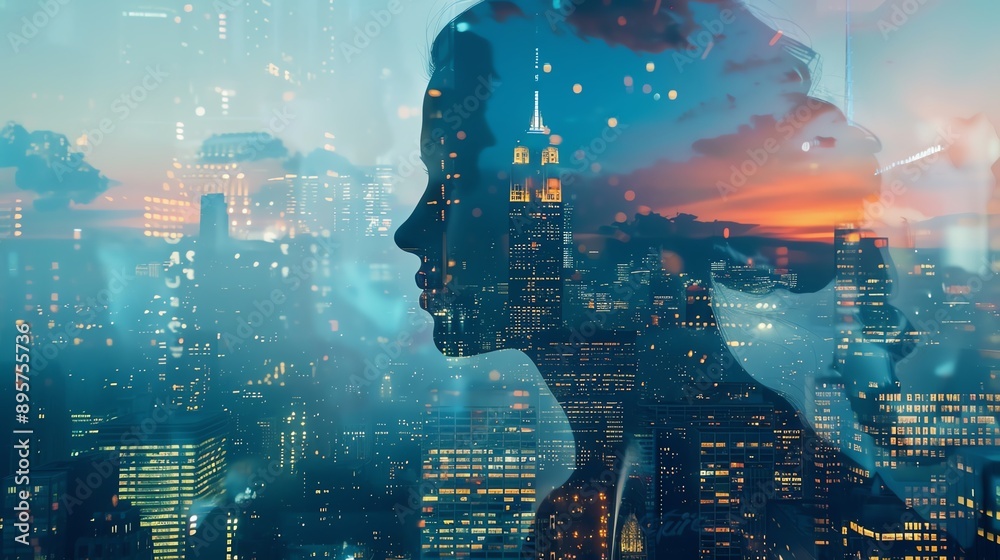 Naklejka premium Double exposure of a woman's silhouette with an urban cityscape at sunset, symbolizing the connection between humanity and modern urban life.