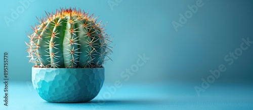 Green Cactus in a Blue Pot on a Blue Background photo