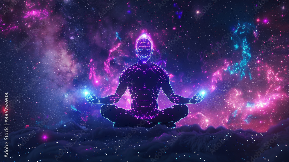 Illustration vector art of a abstract shadow of a person meditating in yoga pose in the universal cosmos space with glowing neon pink and blue clouds in the sky. Spiritual mystic background black Illustration vector art of a abstract shadow of a person meditating in yoga pose in the universal cosmos space with glowing neon pink and blue clouds in the sky. Spiritual mystic background black
