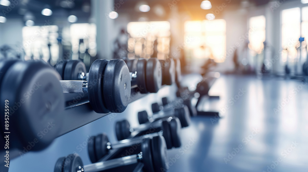 Fototapeta premium Dumbbells and gym equipment in a fitness club or sports center with a blurred background of a modern sports warehouse