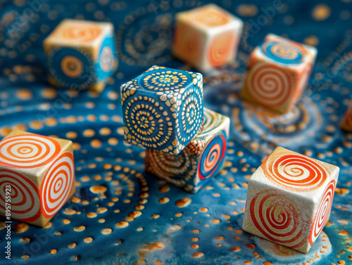 A group of colorful cubes are stacked on top of each other. The cubes are arranged in a spiral pattern, with some of them overlapping. Scene is playful and whimsical photo