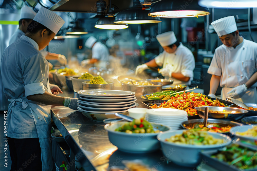 Obraz premium Professional chefs preparing food in a busy restaurant kitchen