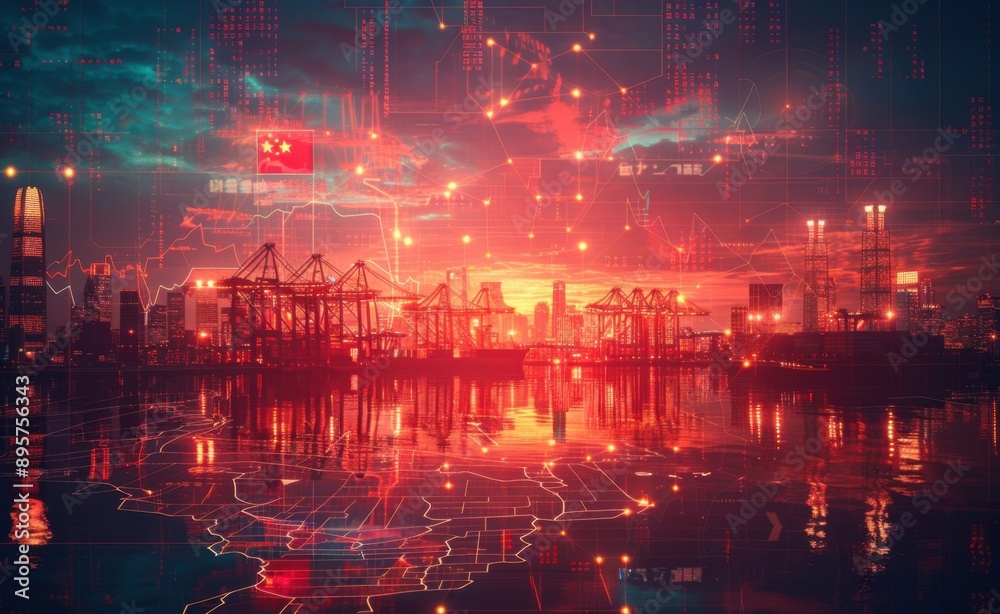 Fototapeta premium Hong Kong Cityscape with Red Sky and Digital Overlays
