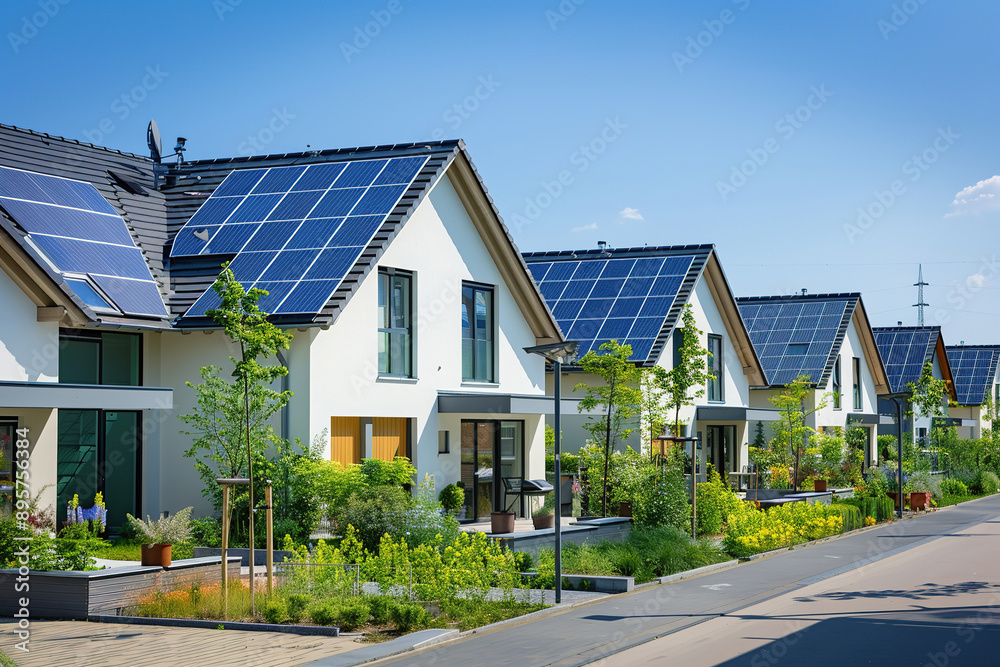 Row of modern houses with solar panels Row of modern houses with solar panels
