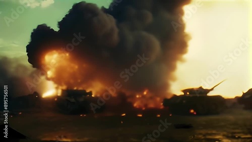 A soldier bravely runs across a war-torn battlefield between tanks, dodging explosions and debris as the sky burns orange and black