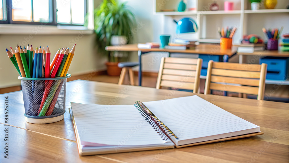 A blank notebook with open pages sat on the study table. The background is a classroom, view from top,