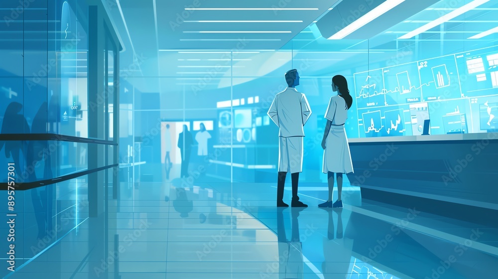 Futuristic hospital corridor with medical professionals discussing patient data on digital screens in a high-tech healthcare environment. Futuristic hospital corridor with medical professionals discussing patient data on digital screens in a high-tech healthcare environment.