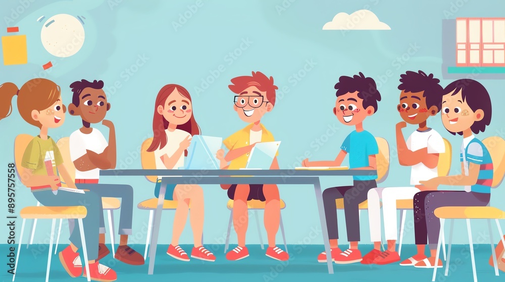 Illustration of a diverse group of children sitting around a table and engaging in a cheerful conversation in a classroom setting. Illustration of a diverse group of children sitting around a table and engaging in a cheerful conversation in a classroom setting.