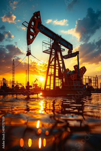 Petroleum extraction pump jack in operation within a vast and expansive oil field setting