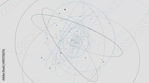 Abstract Spiral Particle Trajectories on Light Background. Numerous interconnected circular paths, suggesting a complex and dynamic system of movement, inspired by scientific or mathematical models