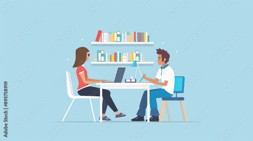 Illustration of two coworkers discussing work at a desk in an office setting, with a bookshelf in the background. Illustration of two coworkers discussing work at a desk in an office setting, with a bookshelf in the background.