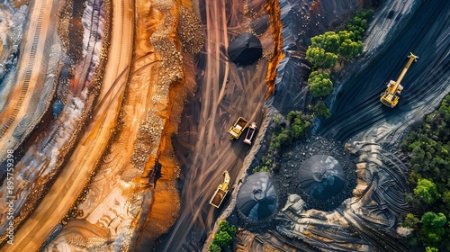 An aerial view of open-cut coal mining in Hunter Valley, New South Wales, Australia, showcasing heavy machinery and trucks operating within the expansive mine site.