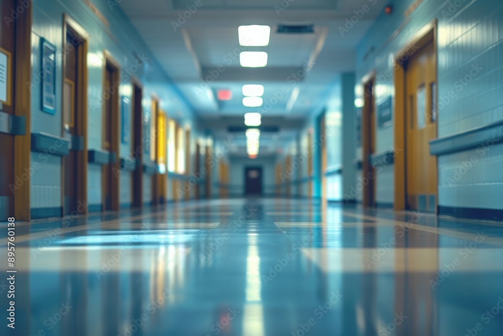 A clean and empty hospital hallway with blue floors, white walls, and bright fluorescent lights creating a sterile environment. A clean and empty hospital hallway with blue floors, white walls, and bright fluorescent lights creating a sterile environment.