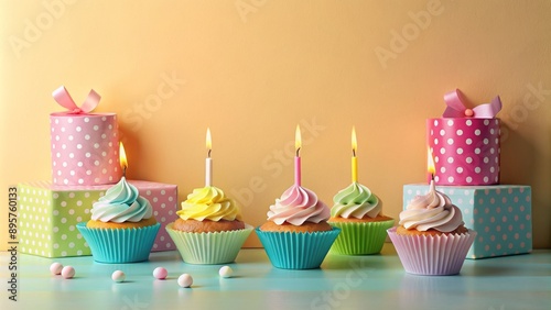 Colorful paper cutout cupcakes and candles on pastel background with copy space for kids' party invitation design template.