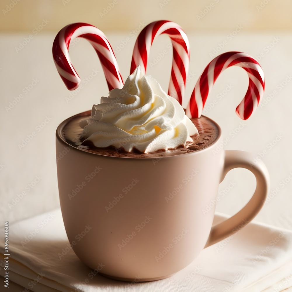 A mug of hot cocoa with whipped cream and candy canes A mug of hot cocoa with whipped cream and candy canes
