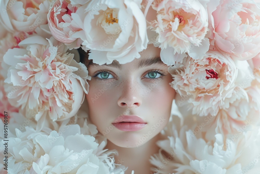 A close-up portrait of a young woman with flowers and feathers adorning her head, emphasizing her natural beauty and elegance. A close-up portrait of a young woman with flowers and feathers adorning her head, emphasizing her natural beauty and elegance.