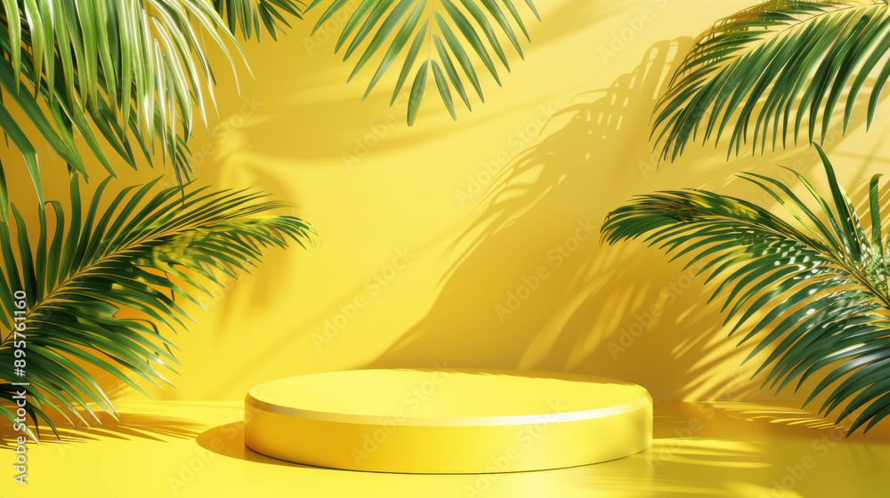 Bright yellow podium for product presentation in a 3D summer environment, adorned with tropical palm fronds and minimalistic design Bright yellow podium for product presentation in a 3D summer environment, adorned with tropical palm fronds and minimalistic design