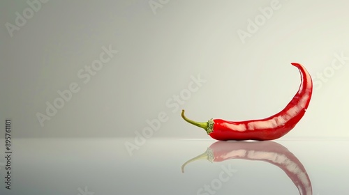 A chili pepper on a white surface with its reflection, highlighting its vibrant color and glossy texture. photo