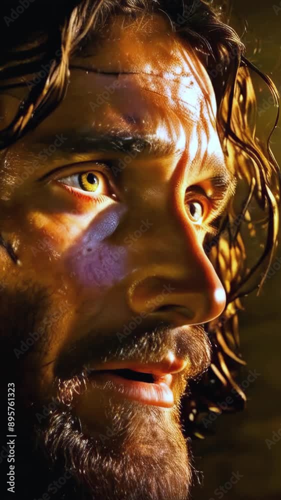 Jesus Christ face portrait in rays of light realistic animation  -- 4k 9x16 vertical stock video footage AI